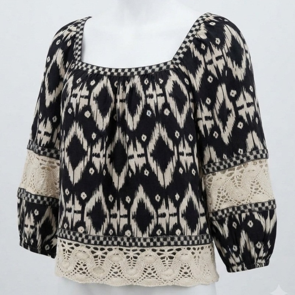 Christian Siriano New York‎ Ikat Print Crochet Lace Trim Linen Blend Blouse S